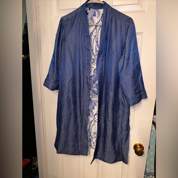 Womens Jacket Reversible Blue White Paisley Open Bohemian Short Cuff Sleeves - Picture 6 of 8